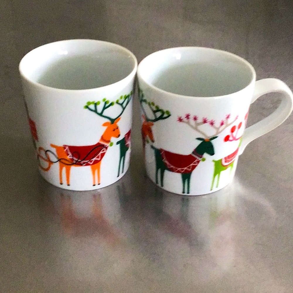 Two Crate & Barrel 6oz. Reindeer and sleigh mugs by Jenny Bowers.